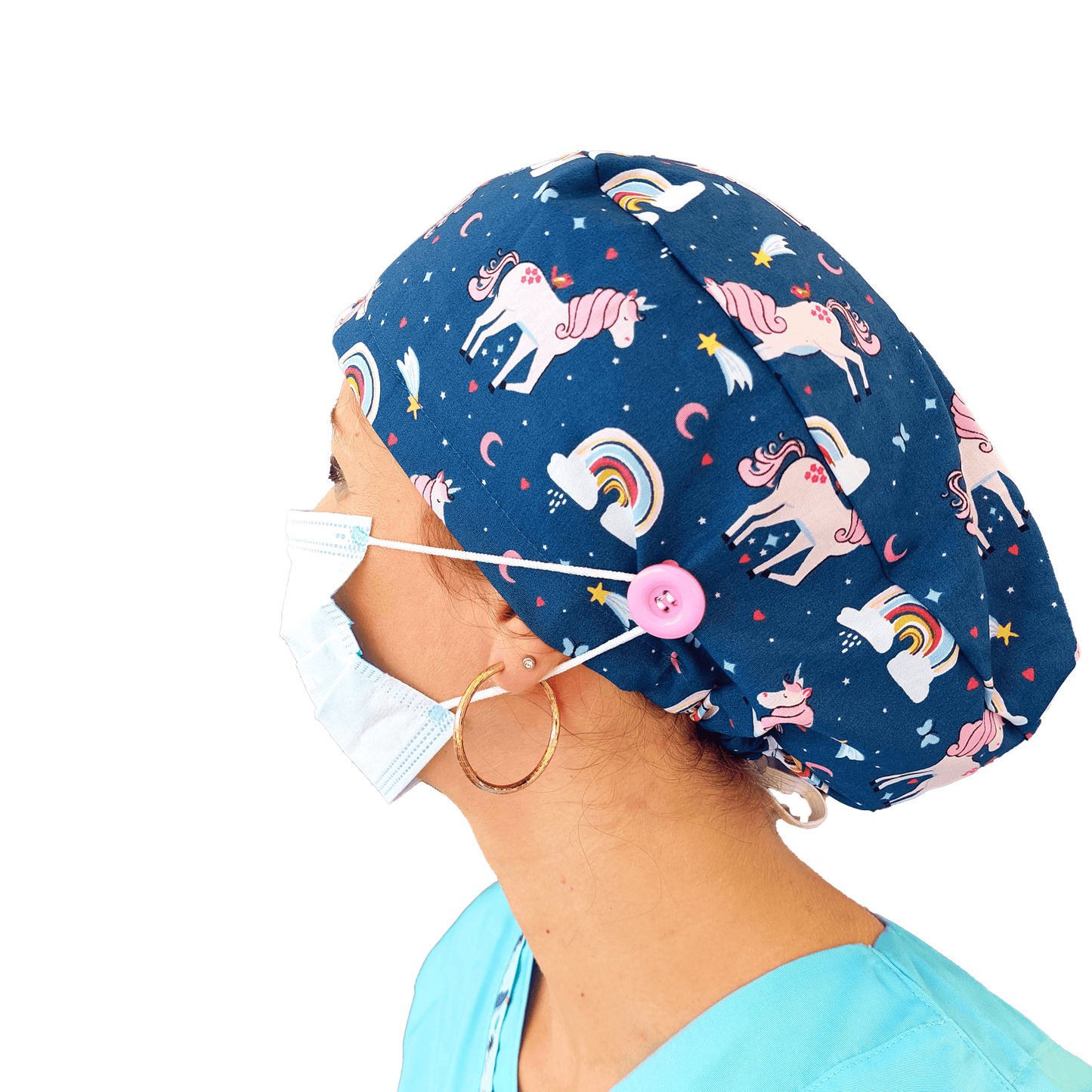 Scrub Cap -Surgical Cap Pink Unicorns in Blue