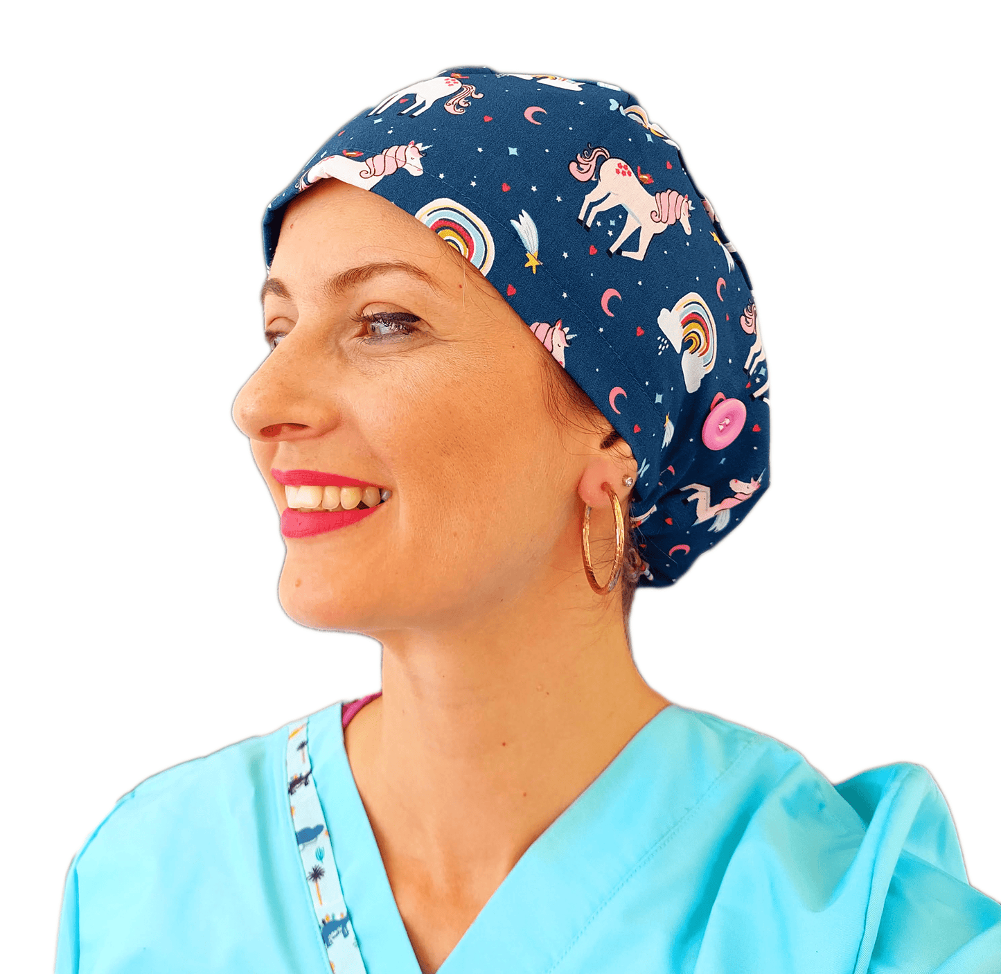 Scrub Cap -Surgical Cap Pink Unicorns in Blue