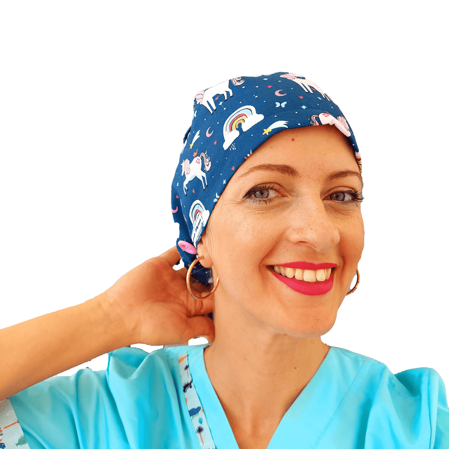 Scrub Cap -Surgical Cap Pink Unicorns in Blue