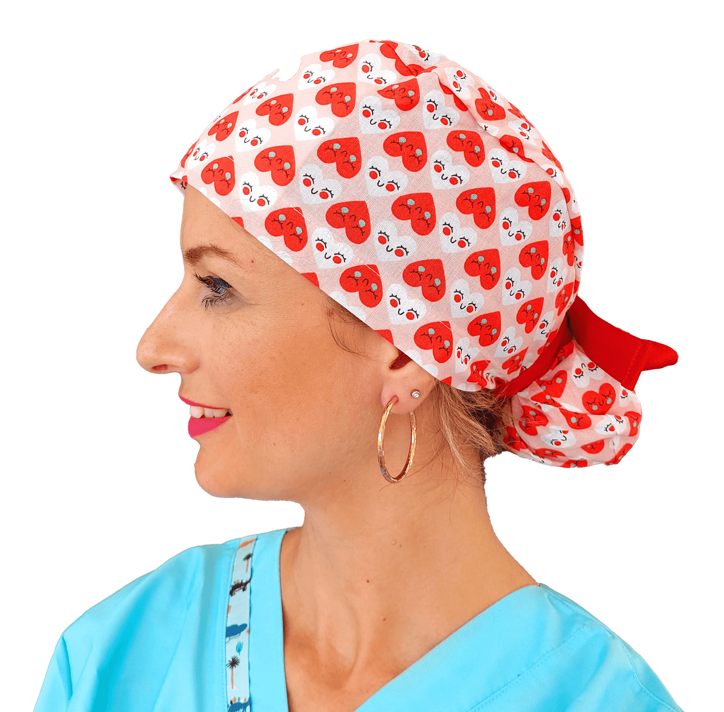 Ponytail Scrub Cap with Red Hearts