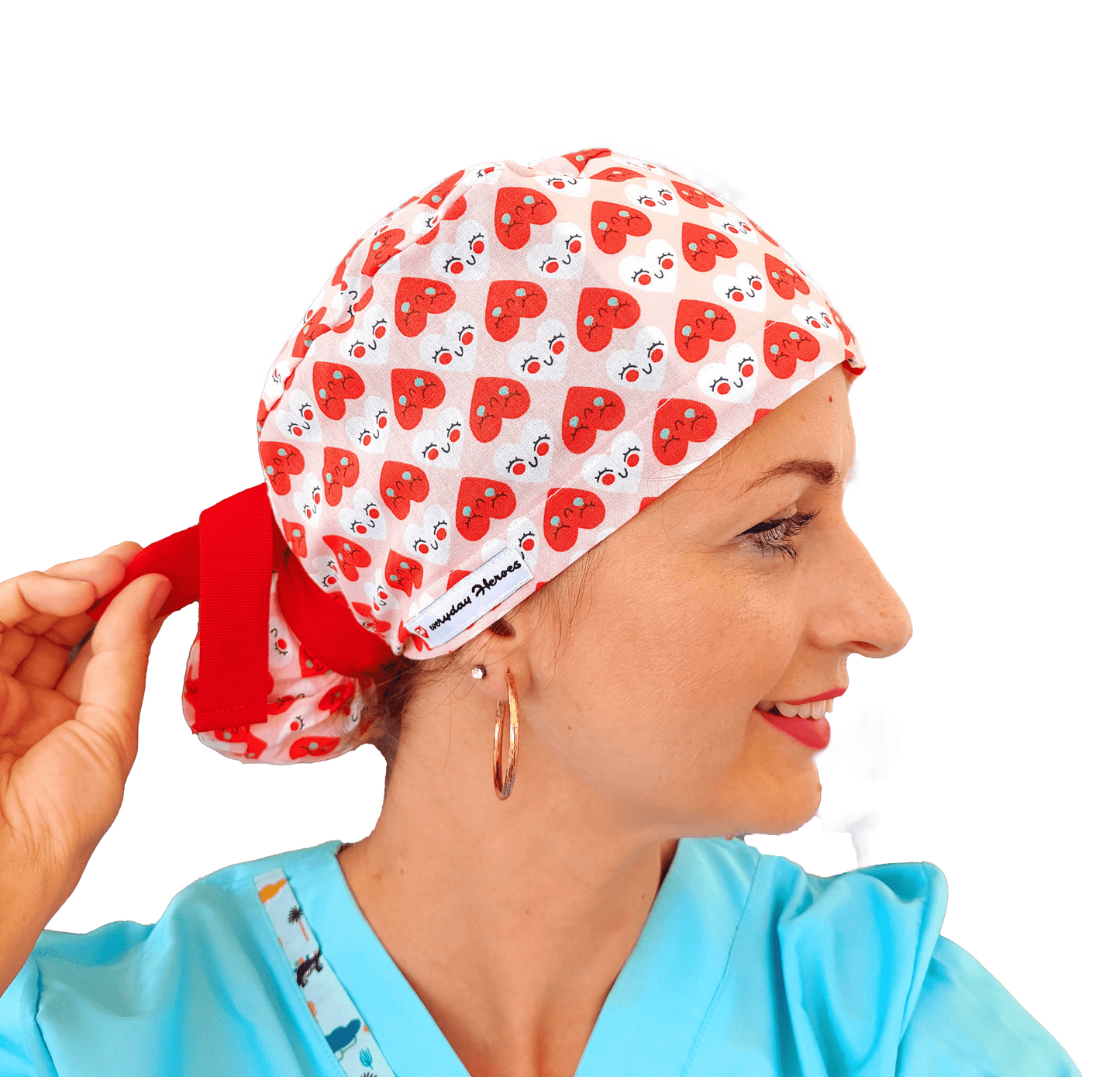 Ponytail Scrub Cap with Red Hearts