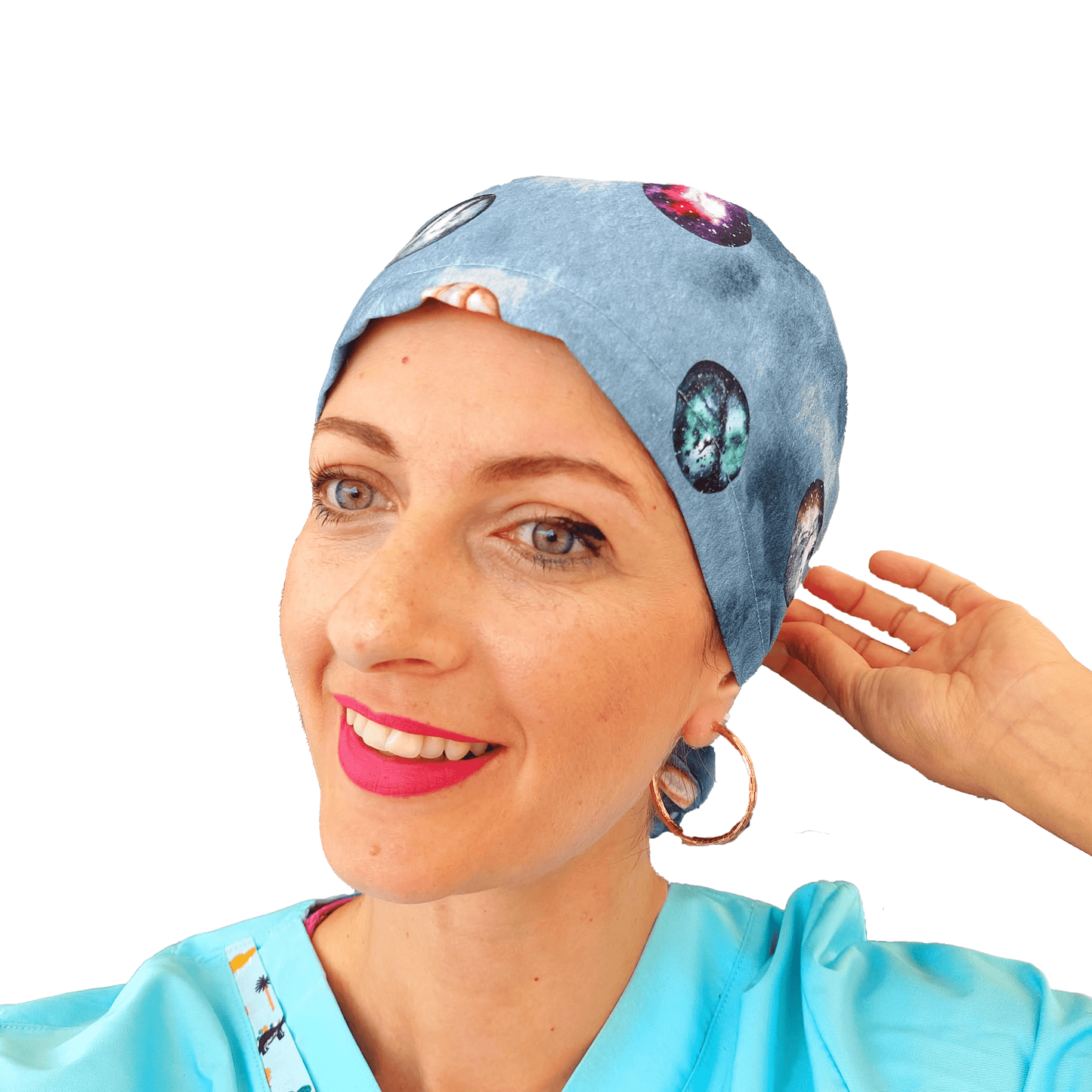 Ponytail Scrub Cap with Planets Venus Moon Mars Jupiter Mercury