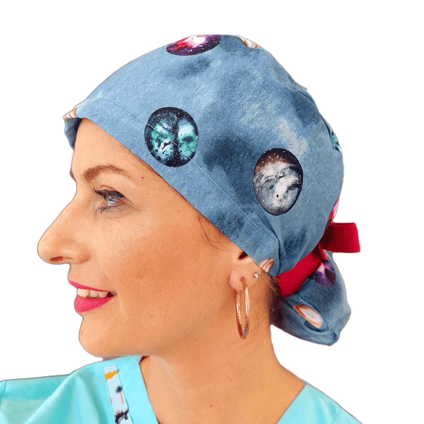 Ponytail Scrub Cap with Planets Venus Moon Mars Jupiter Mercury