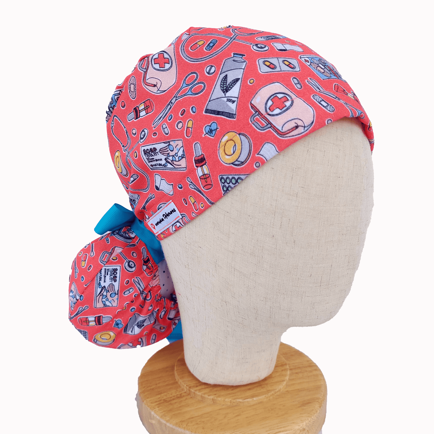 Everyday Heroes-Store Ponytail Scrub Cap medicines print, surgical cap for women with medium long hair. This is the perfect accessory for Healthcare workers, Hospitals, Doctors, Nurses, Dentists, Veterinarians, Labs, Chefs and many others.