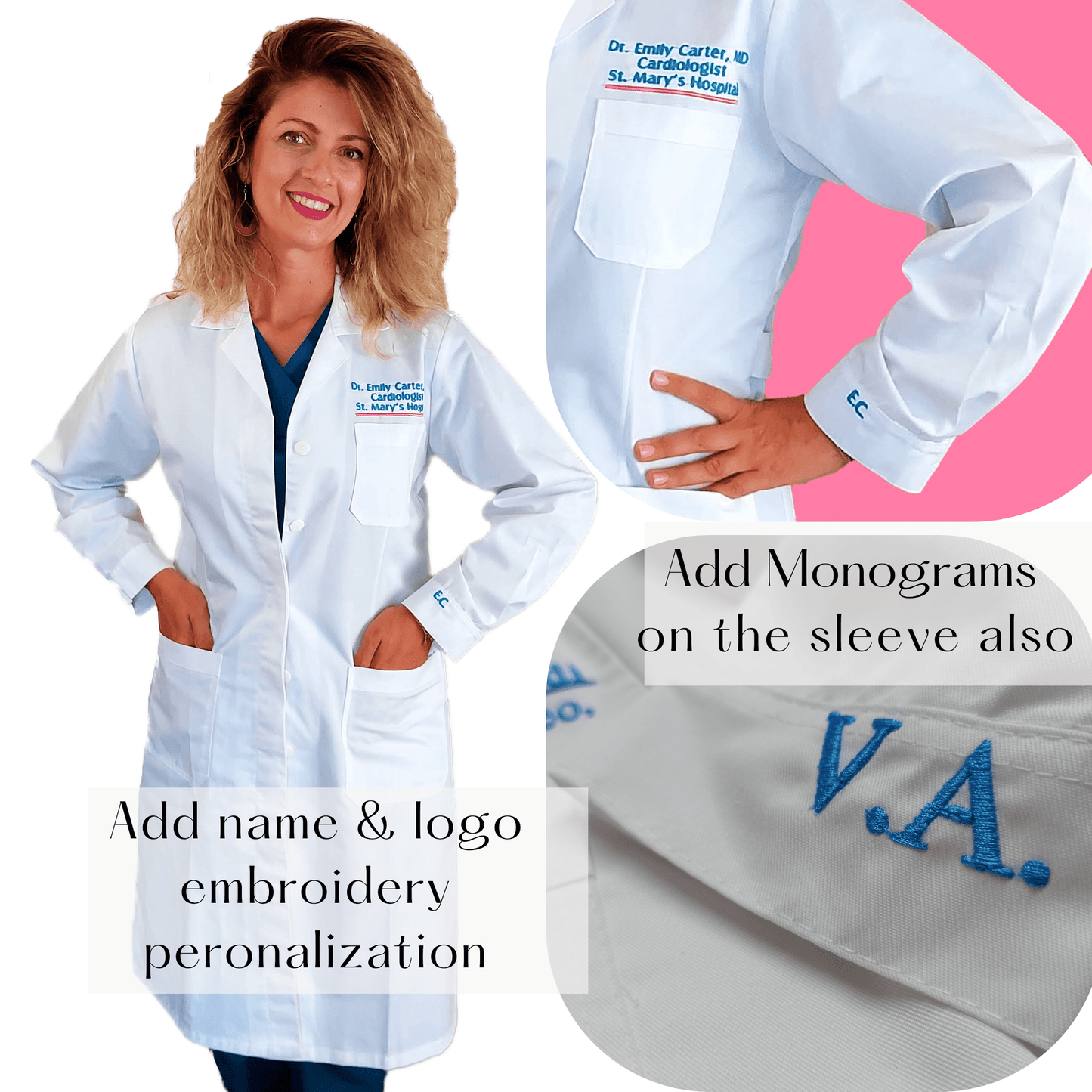 a woman model wearing a lwhite lab coat with embroidery personalization