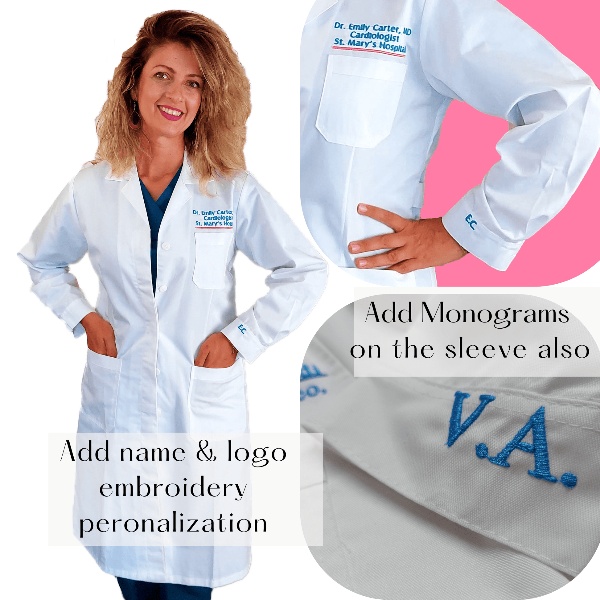 a woman model wearing a lwhite lab coat with embroidery personalization