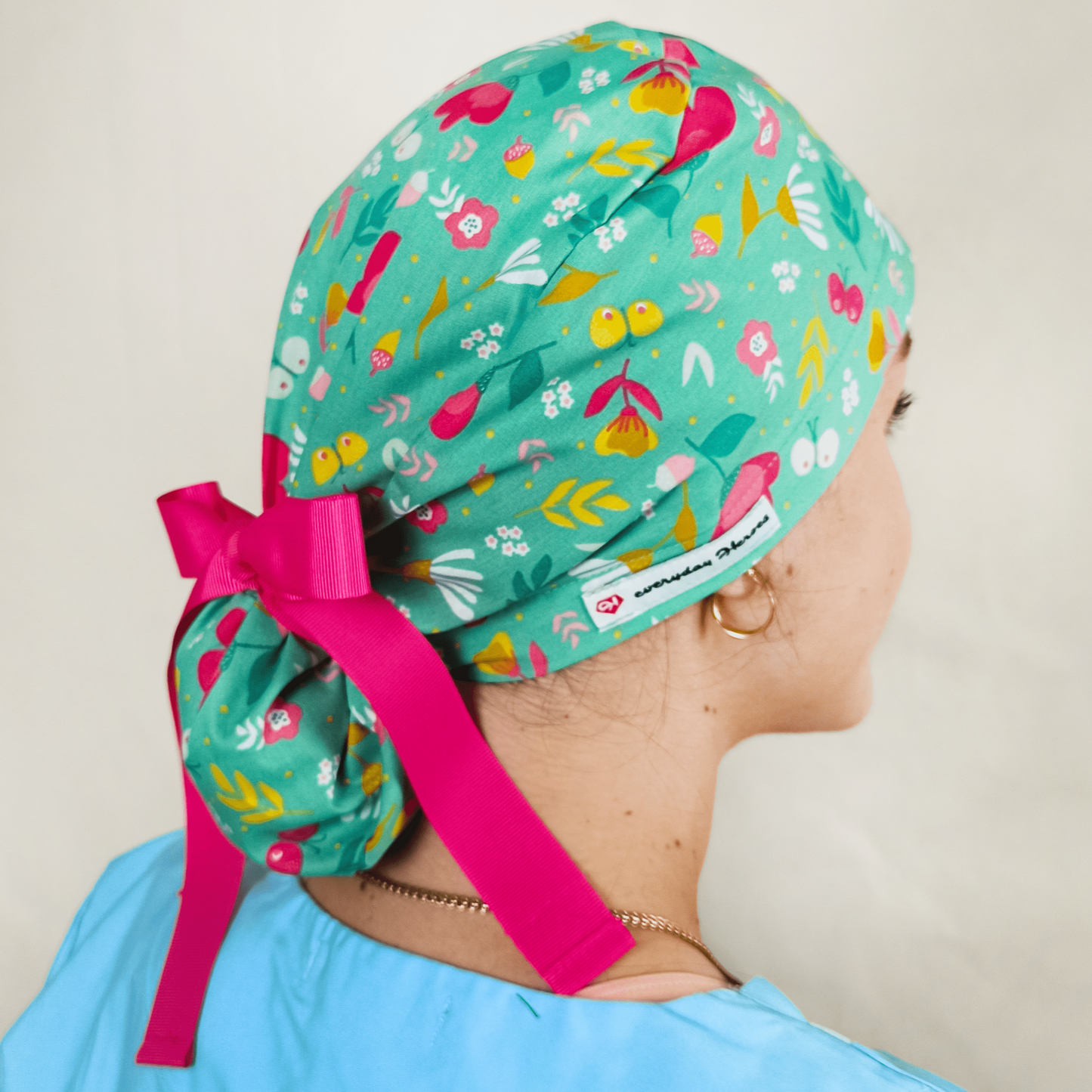 Floral Butterfly Ponytail Scrub Cap - Satin Lined -Embroidery Personalization option