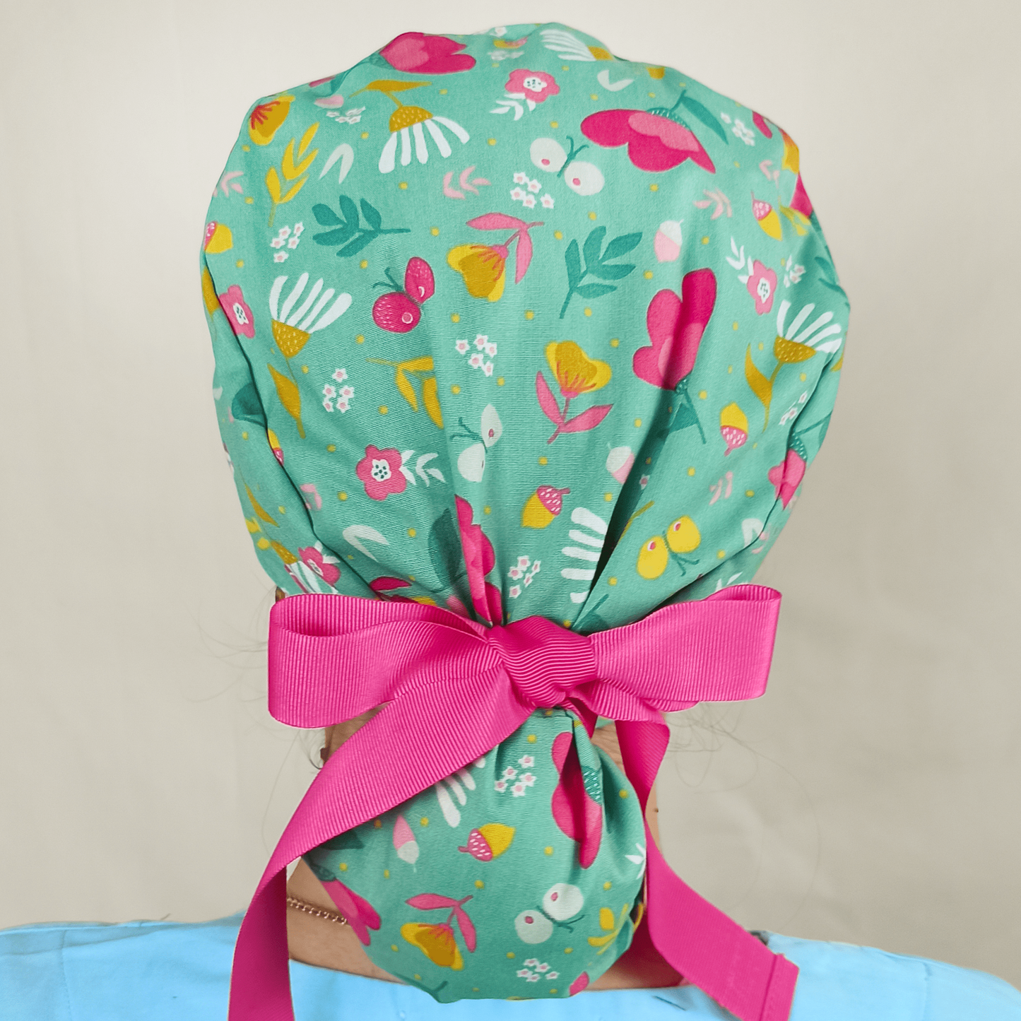 Floral Butterfly Ponytail Scrub Cap - Satin Lined -Embroidery Personalization option