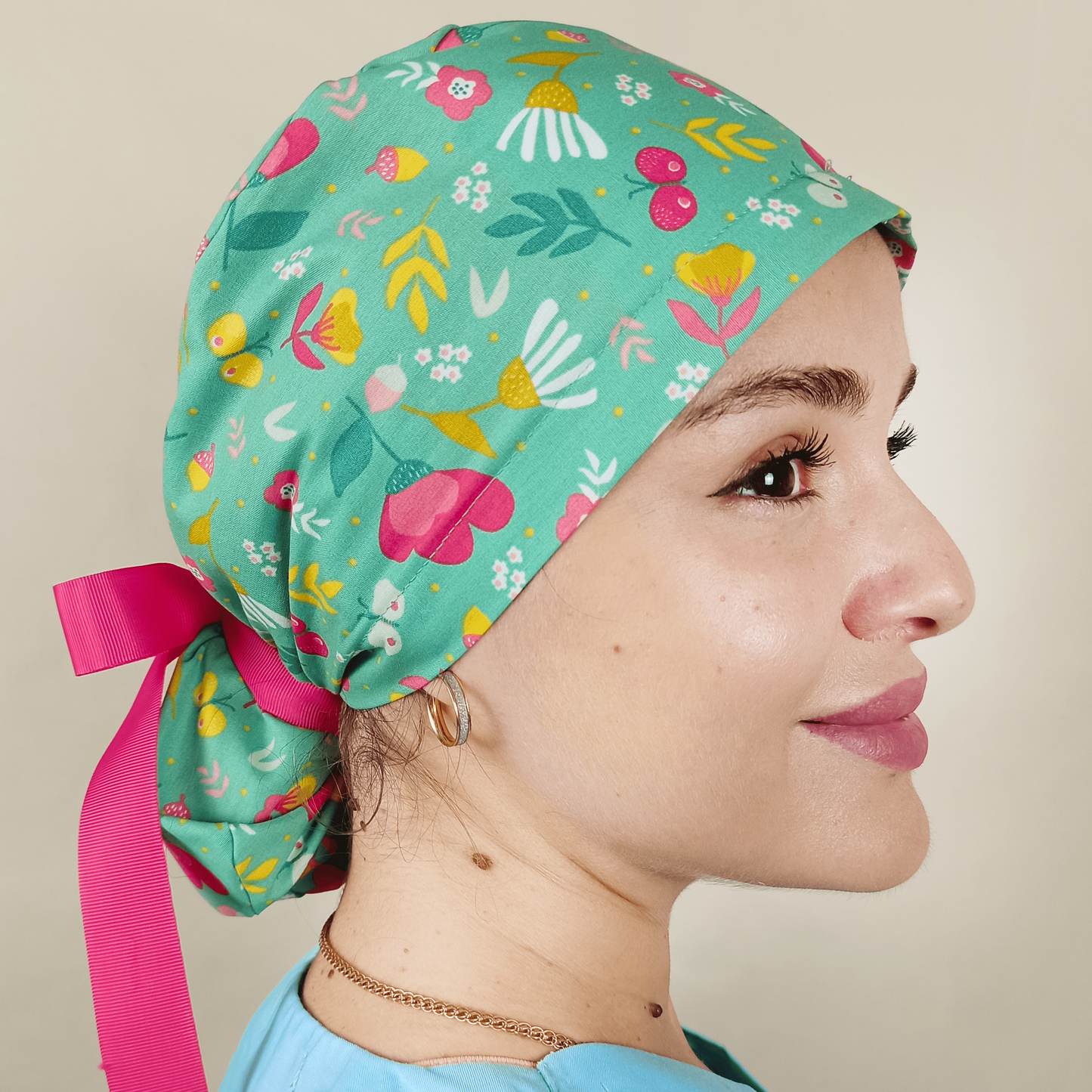 Floral Butterfly Ponytail Scrub Cap - Satin Lined -Embroidery Personalization option