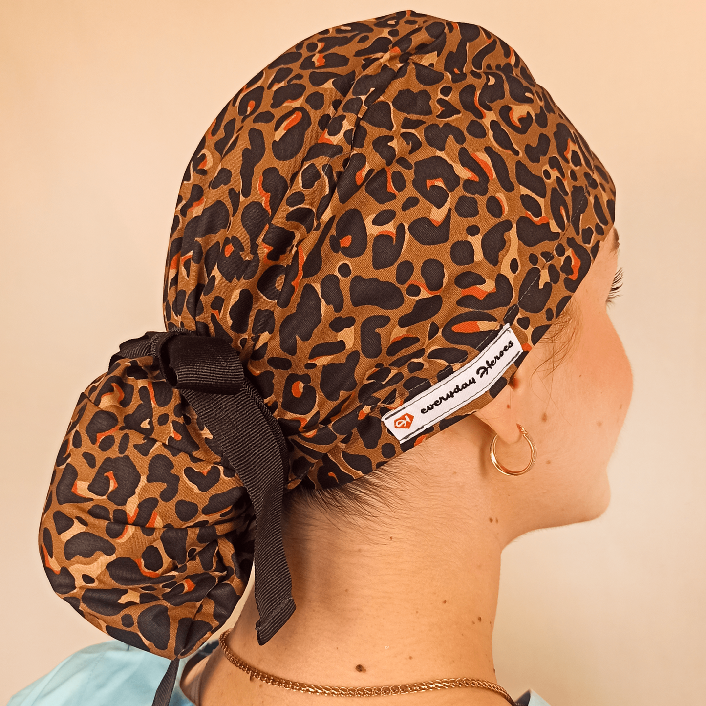 Surgical Ponytail Scrub Cap Leopard With Embroidery Personalization &Satin Option