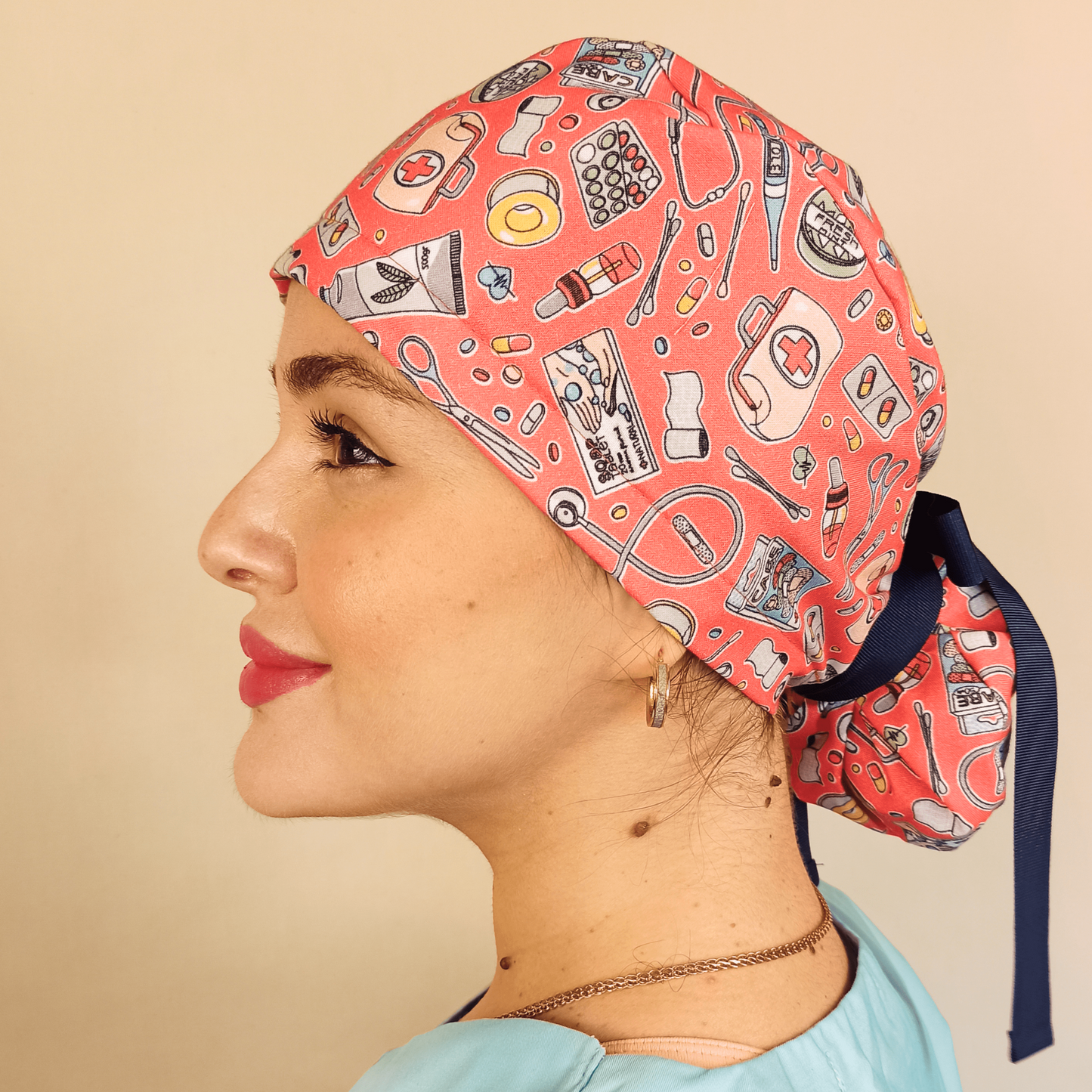 medical dentist scrub cap for women ponytai pink color