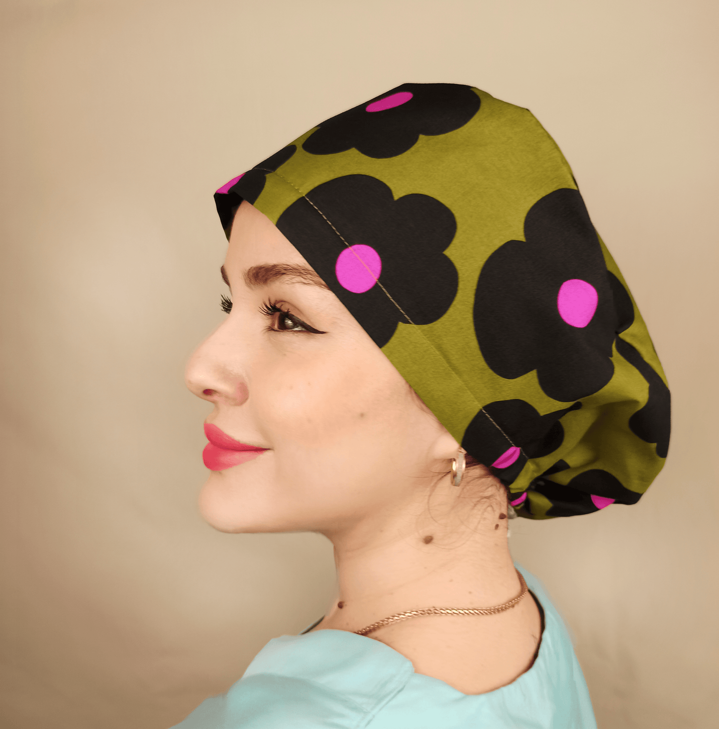 Scrub Cap Floral Daisies Surgical Cap Women Euro Hat For Nurses pink color black and pink