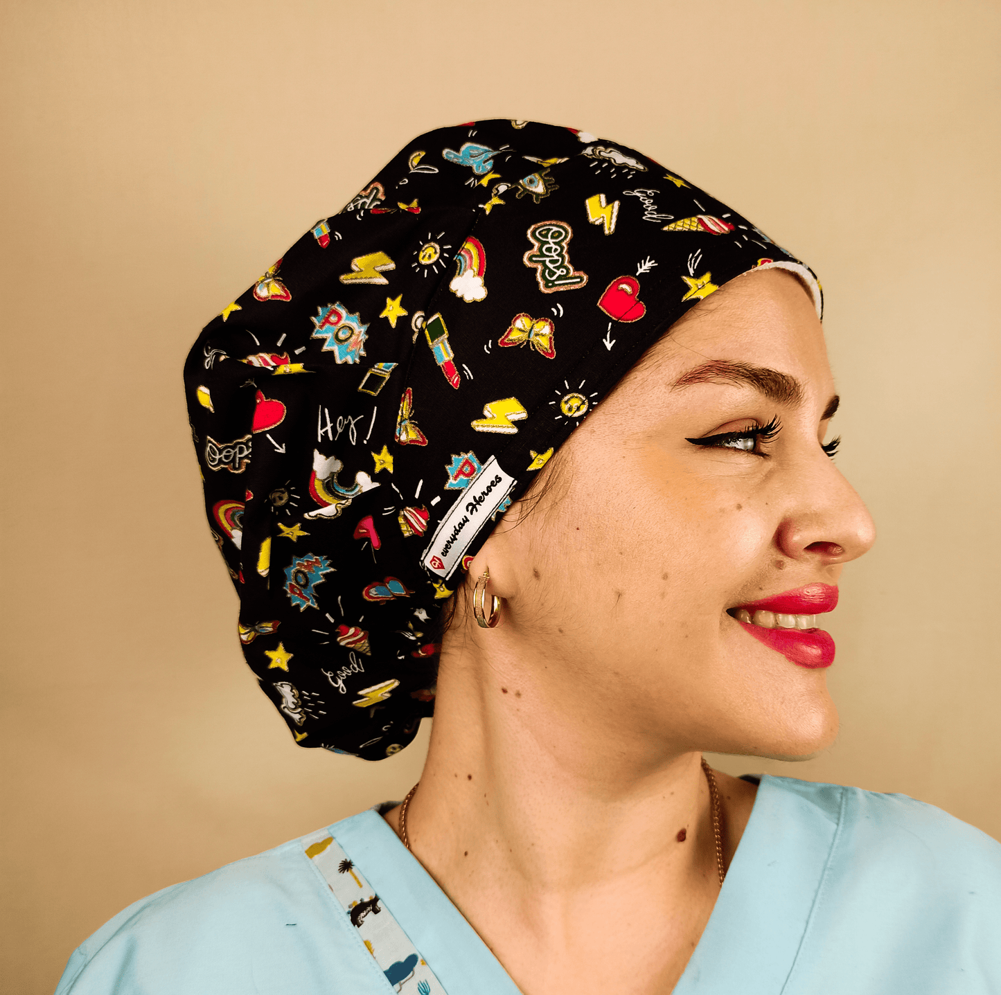 Custom Bouffant Scrub Caps For Women, Fun Satin Lined Scrub Cap Hearts Rainbows & Stars