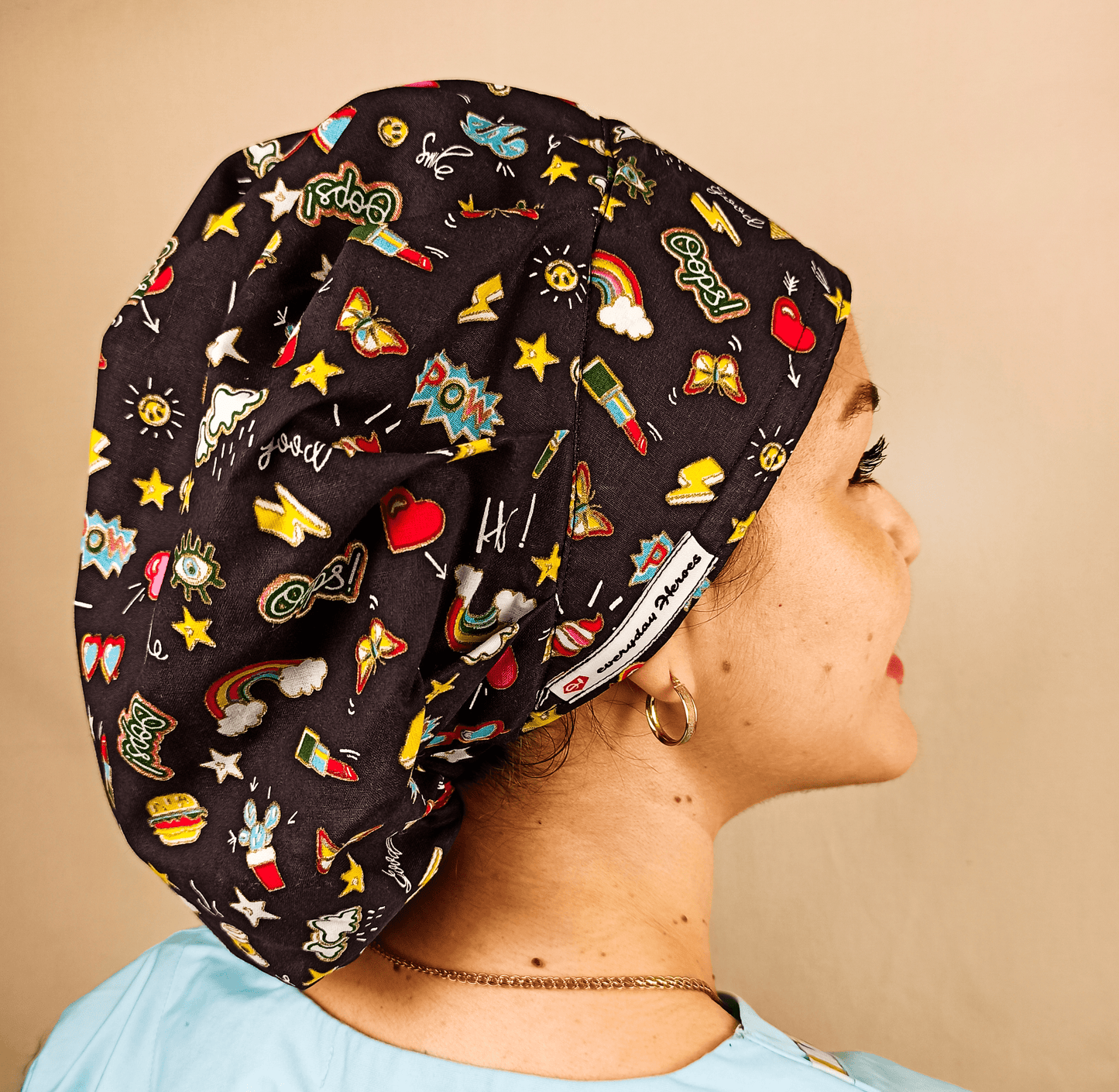 Custom Bouffant Scrub Caps For Women, Fun Satin Lined Scrub Cap Hearts Rainbows & Stars