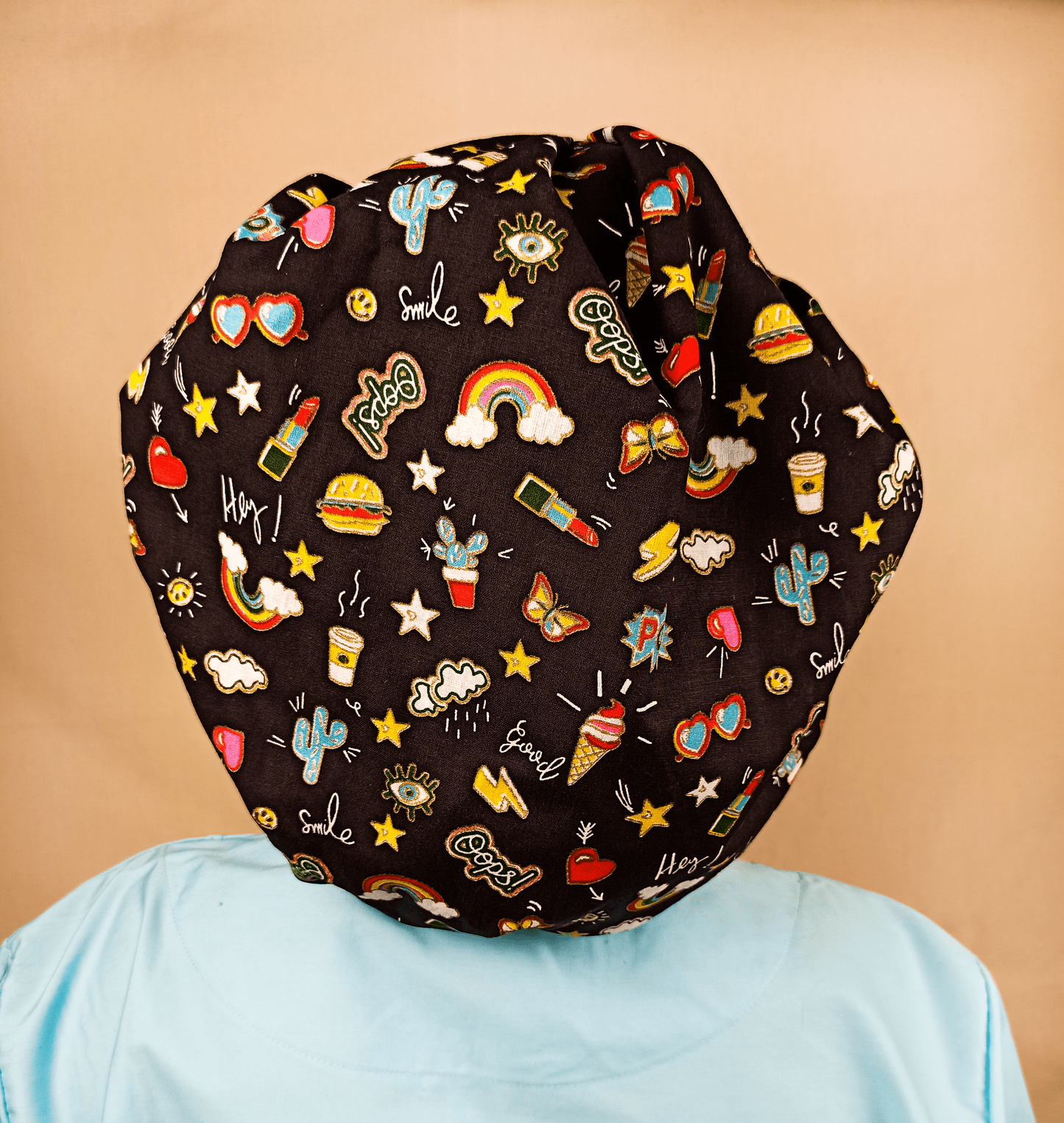 Custom Bouffant Scrub Caps For Women, Fun Satin Lined Scrub Cap Hearts Rainbows & Stars