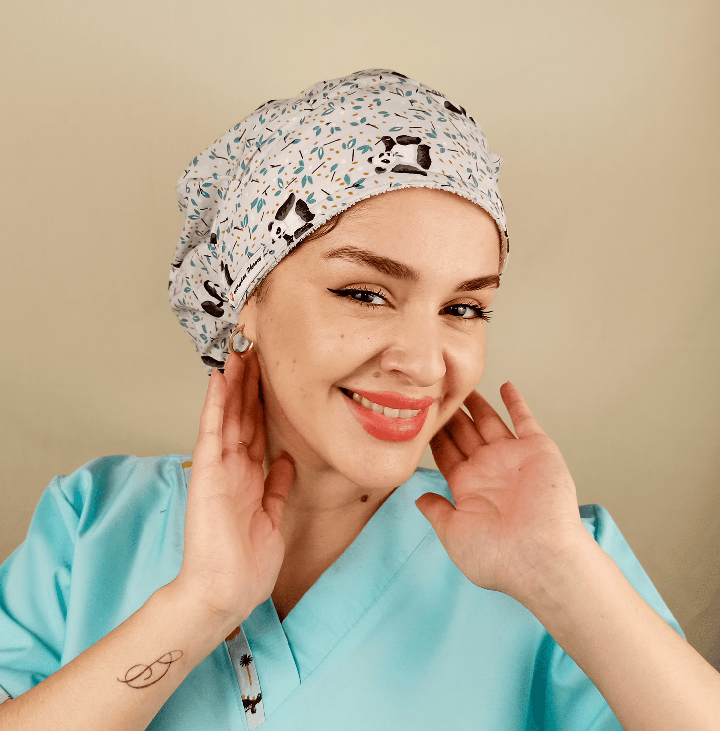 Custom Bouffant Scrub Caps For Women, Fun Satin Lined Scrub Cap Panda Bears.