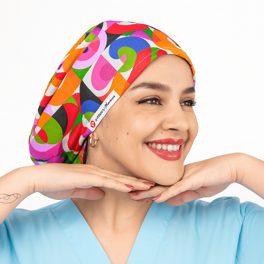 scrub cap euro style abstract print colorful sutgcal cap with satin lined and buttons