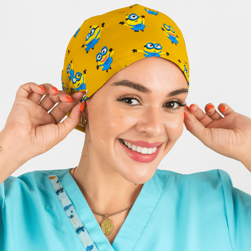 custom cartoon scrub cap for women euro style with minions yellow and blue color , satininside surgical cap with name