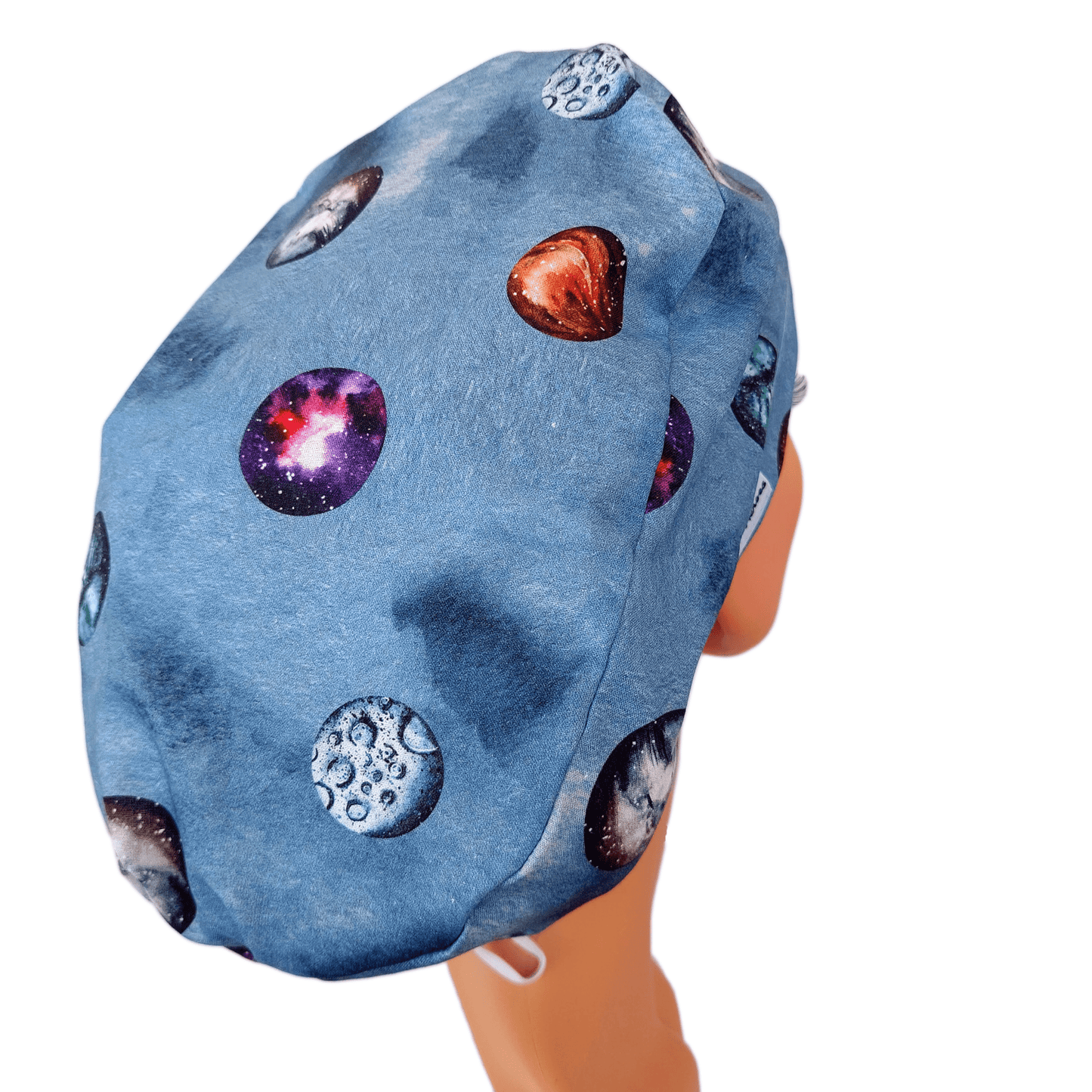 Our euro scrub cap is designed to fit snugly around your head, with a slight slouch in the back for those with medium to long hair. Made of 100% cotton fabric with small colorful planets print-Venus ,Moon, Mars, Jupiter, Mercury.-