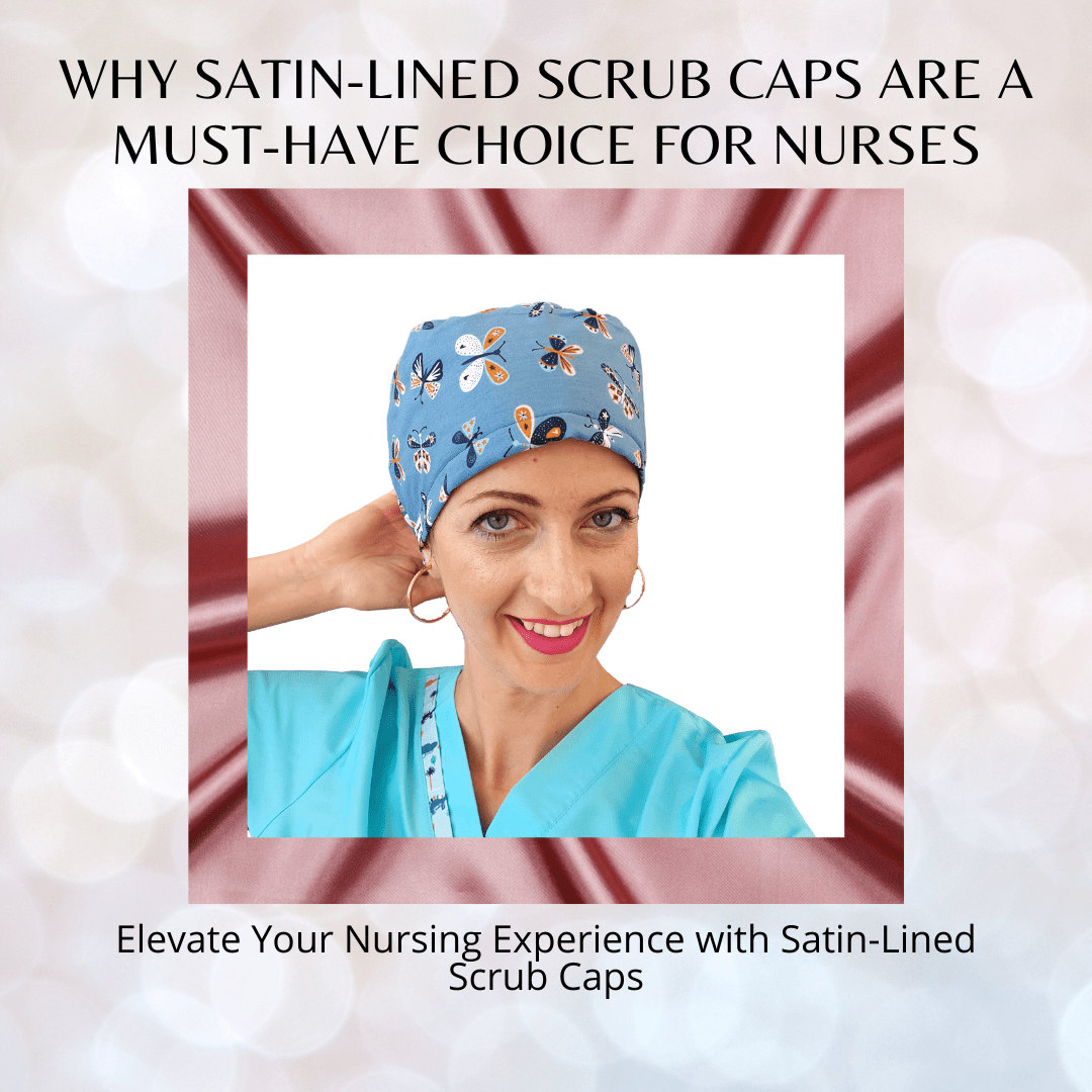 a cute nurse wearing a scrub cap that inside has got satin to protect her hair, the scrub cap is euro style.
