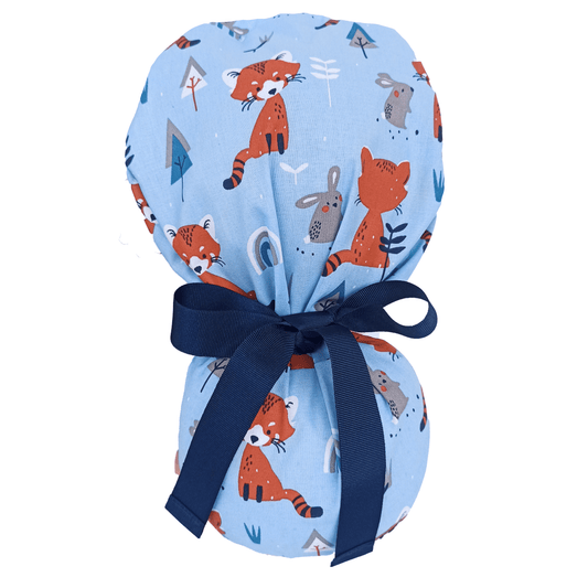 scrub cap ponytail with fun foxies in blue 