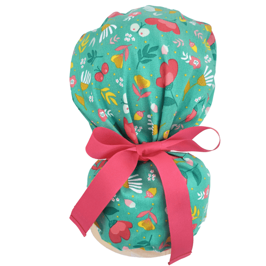 scrub cap ponytail floral withpink ribbons 