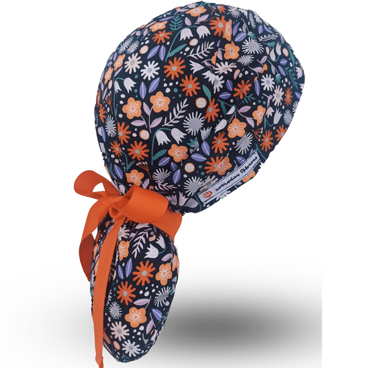 scrub cap for women ponytail with small flowers orange ribbons