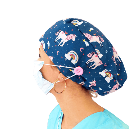 Scrub Cap -Surgical Cap Pink Unicorns in Blue