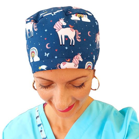 Scrub Cap -Surgical Cap Pink Unicorns in Blue