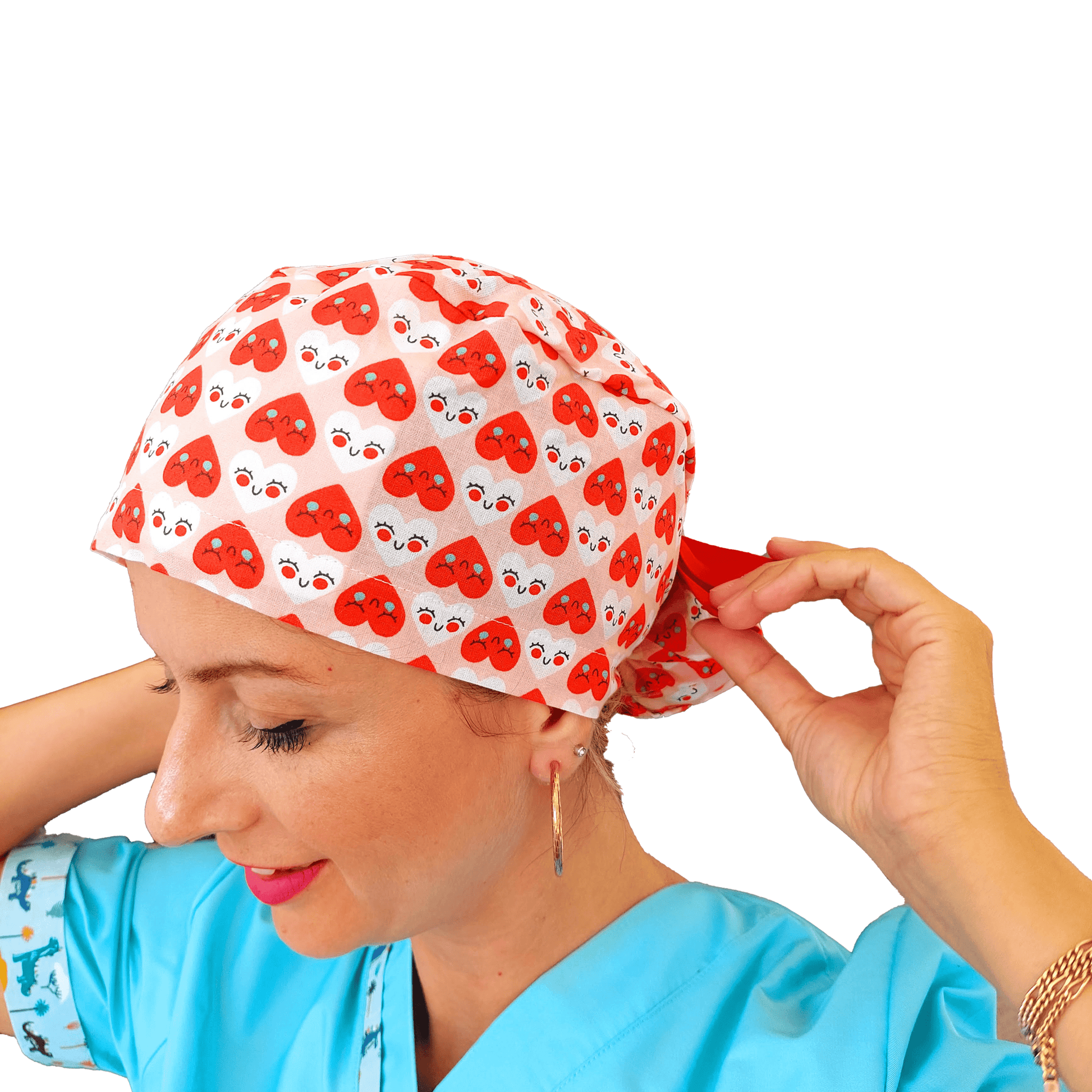 Ponytail Scrub Cap with Red Hearts