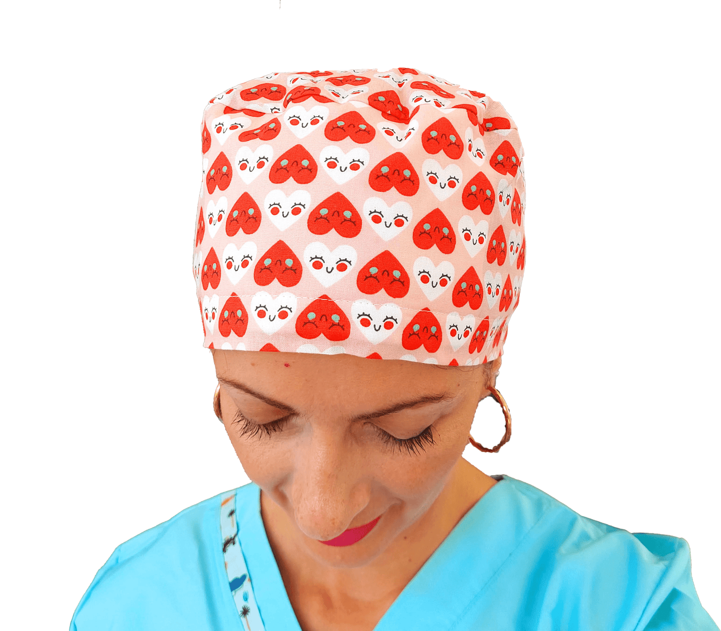 Ponytail Scrub Cap with Red Hearts