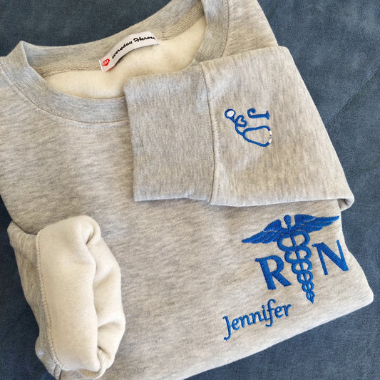 Sample shown with Royal Blue thread for name and caduceus & credentials on grey melange sweatshirt*