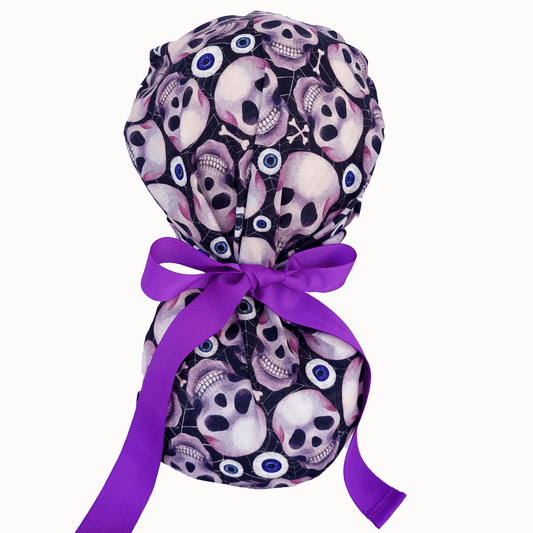 The Skulls - Scrub Cap Ponytail-Nurse Caps- Spooky Adjustable with Purple Ribbons