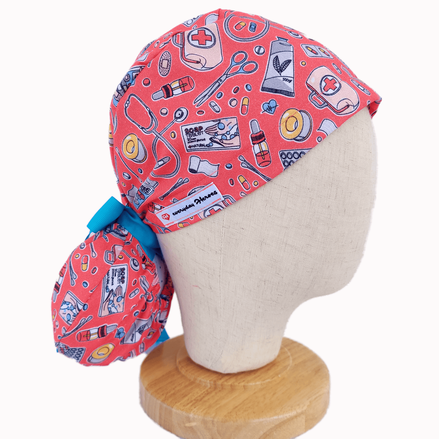Everyday Heroes-Store Ponytail Scrub Cap medicines print, surgical cap for women with medium long hair. This is the perfect accessory for Healthcare workers, Hospitals, Doctors, Nurses, Dentists, Veterinarians, Labs, Chefs and many others.