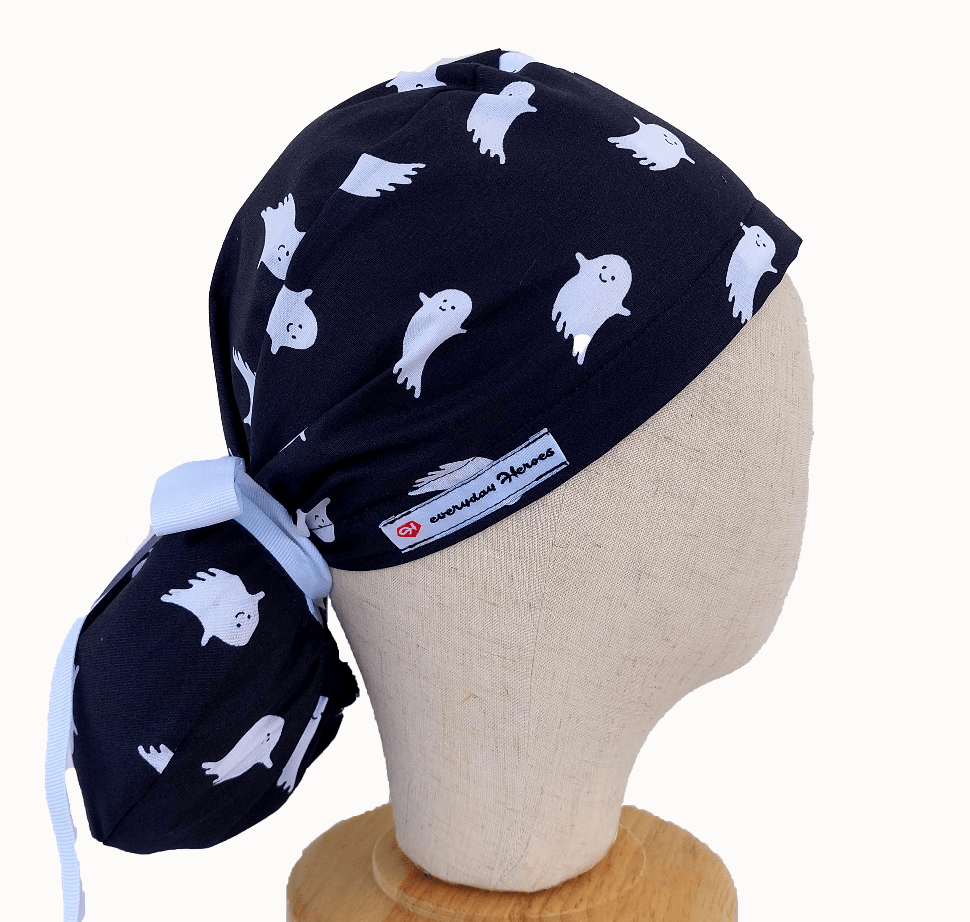 Ponytail Scrub Cap -  Surgical Cap with Black and White Ghosts