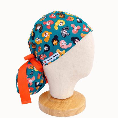 Ponytail Scrub Cap - Fun Womans Faces Surgical Cap Playful & Vibrant 