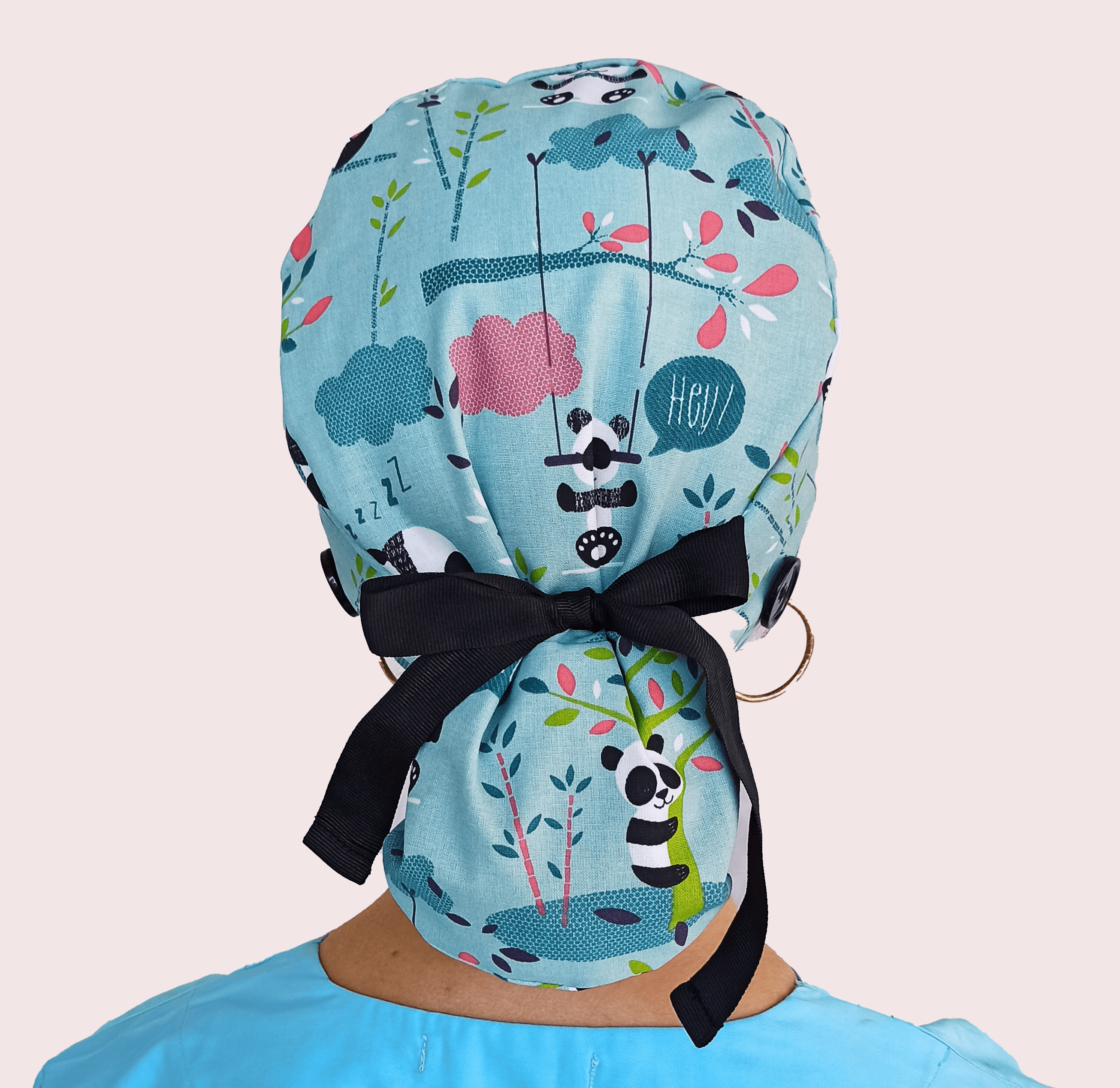 scrub caps ponytail panda bears print with black ribbons