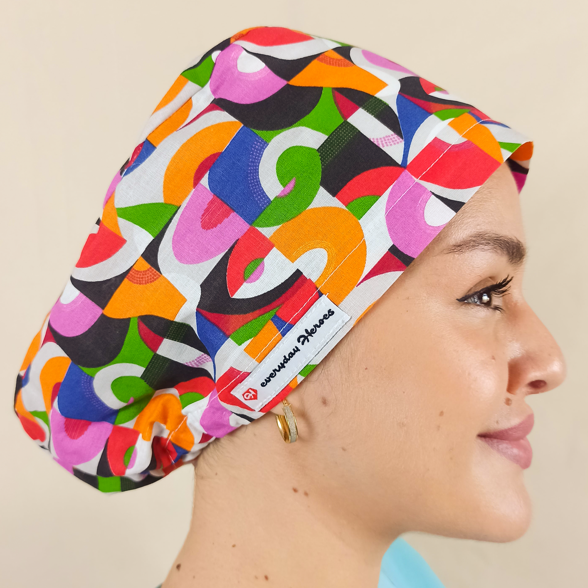 Colorful customscrub cap for women with satin lined inside and custom ith names 