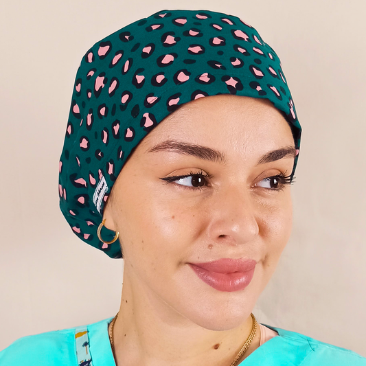 Pink Green Leopard Scrub Cap -Satin Lined Surgical Cap 