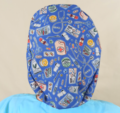 The Dentist Surgical Caps-Scrub Caps-Satin Lined-100% Cotton Nurse Hats-Heartbeats and Medicines Print