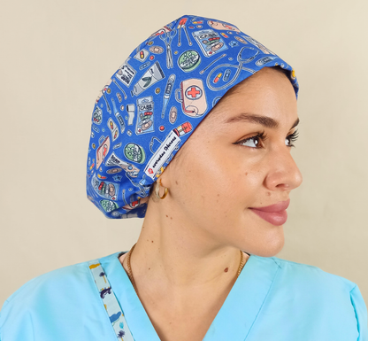 The Dentist Surgical Caps-Scrub Caps-Satin Lined-100% Cotton Nurse Hats-Heartbeats and Medicines Print