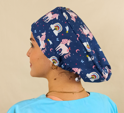 Pink Unicorns on Rainbows Scrub Caps With Name Personalization & Satin Lined Option