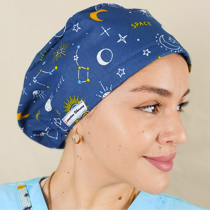 Big Dipper Little Dipper Constellation Scrub Caps, Ursa Minor Surgical Cap Space Stars Moon Satin Lined Zodiac Scrub Hat Galaxy