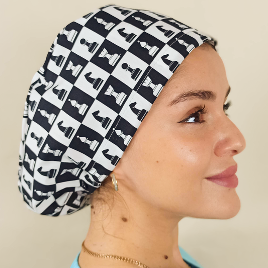 Chessboard Black & White Scrub Cap, Surgical Caps With Satin & Name Personalization Optional