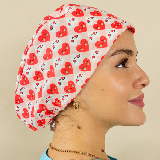 red hearts scrub cap