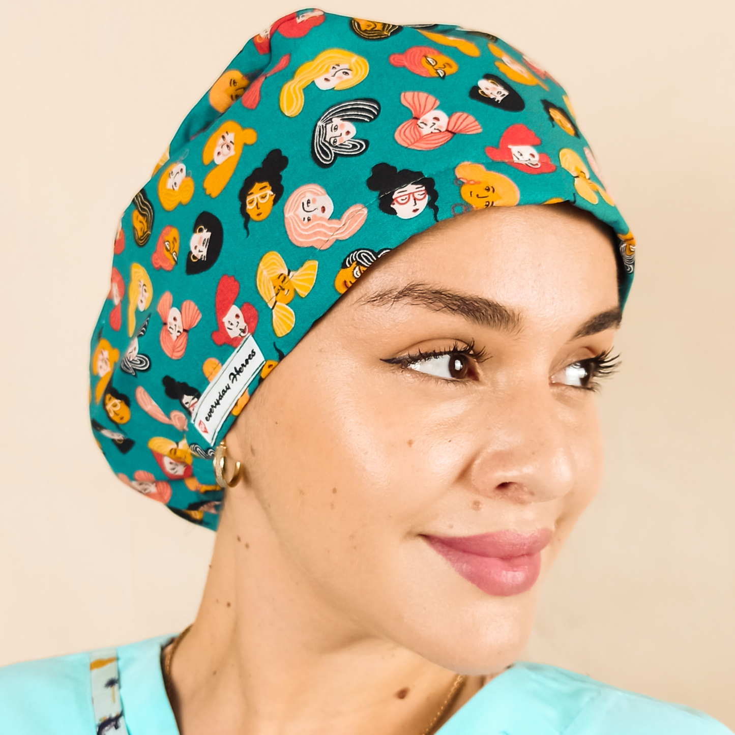 Hat for gynecologist with womans faces ,its a scrub cap with satin if you want add the name of the doctor