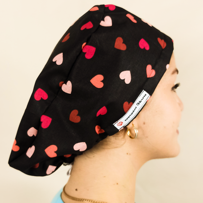 Red Pink Hearts Scrub Cap Euro - Satin Lined Cap For Nurses- Optional Name Customization