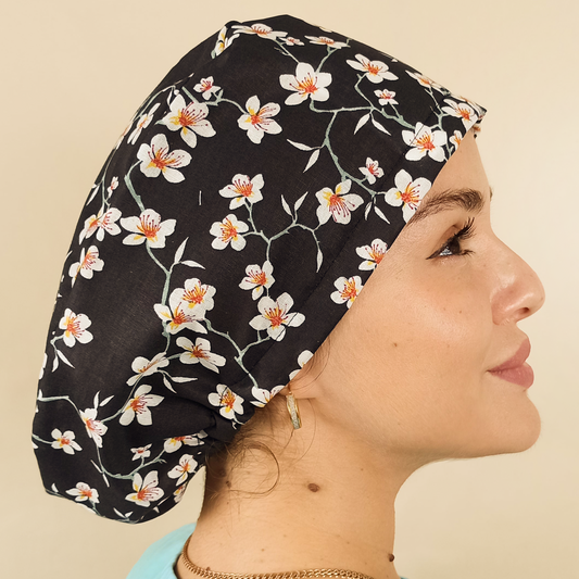 floral custom scrub capwith satin , the flowers is from almond tree