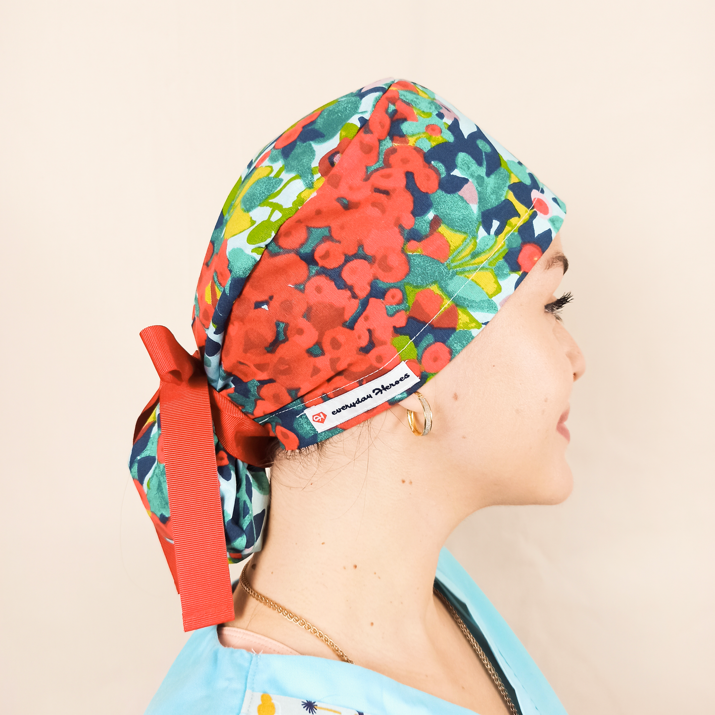 custom scrub cap floral satin lined ponytail with red ribbons 