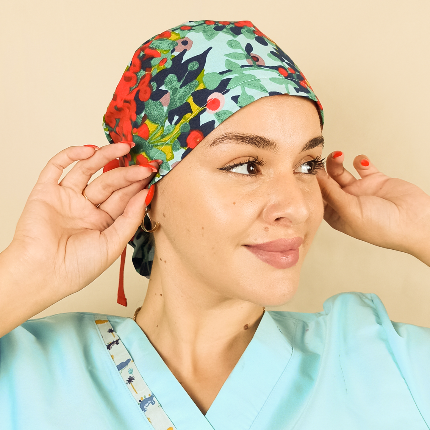 custom scrub cap floral satin lined ponytail with red ribbons 